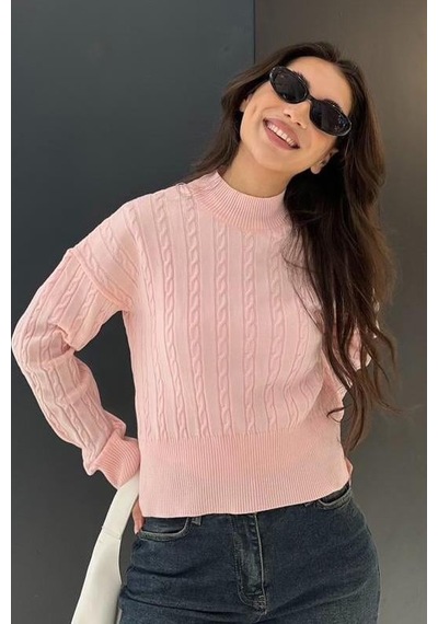 Madmext Pembe Yarım Balıkçı Yaka Örgülü Triko Kadın Kazak Mg2257 Pembe
