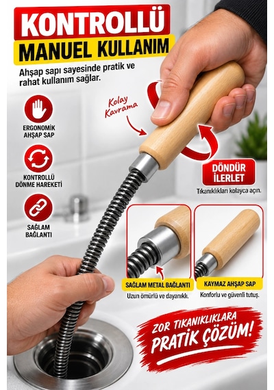 13 Mm 20 Metre Spiral Kanal Açıcı Ahşap Saplı Manuel Gider Açma Teli, Esnek Tesisat Temizleme Su