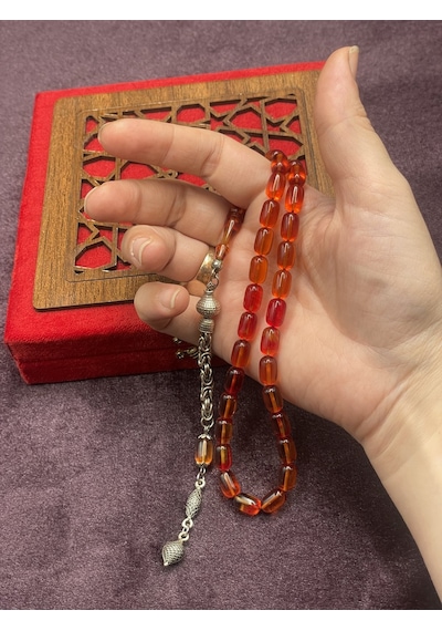 Alpaka Kral Zincir Püsküllü Turuncu Tonları Ateş Kehribar Tesbih 7x11 Mm