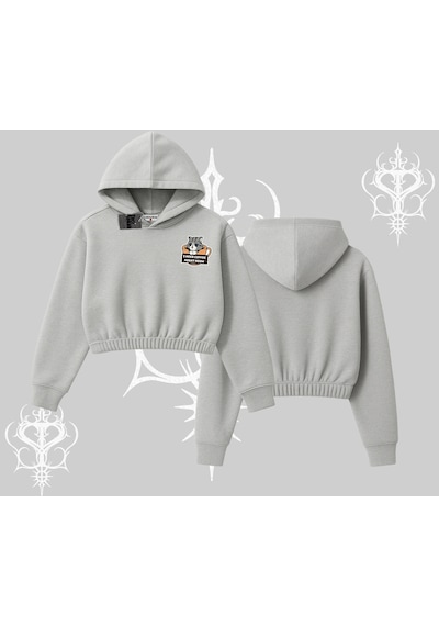 Need Coffee Right Meow Yazılı Kedi Baskılı Kapşonlu Crop Sweatshirt Gri