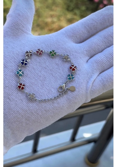 Kadın Gümüş Renk Taşlı Renkli Bileklik 18 Cm