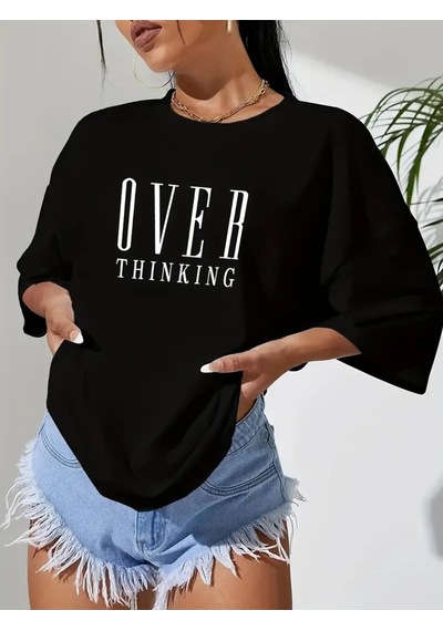 Flood Of Style Kadın Siyah Over Thınkıng Baskılı Oversize