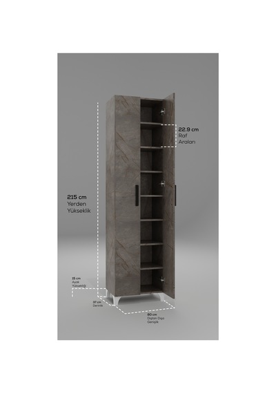 Long 2 Kapaklı Raflı Çok Amaçlı Dolap Banyo Balkon Kiler Mdf Gri