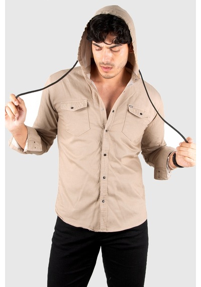 Deepsea Erkek Bej Kapüşonlu Cepli Slim Fit Gömlek Bej