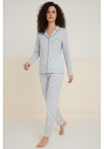 Luxury Viscose Mavi Çiçek Desenli Kadın Uzun Kollu Pijama Takımı 42550 Turkuaz