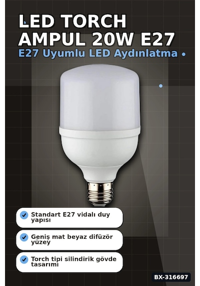 Led Torch Ampul 20w 3200k Gün Işığı E27 Duy 1980 Lümen Ev Ofis Aydınlatması 1 Adet Bx-316697
