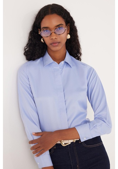 Tudors Kadın Slim Fit Dar Kesim Vucüda Oturan Uzun Kollu Gizli Düğme Detaylı Mavi Basic Gömlek-35556 Mavi