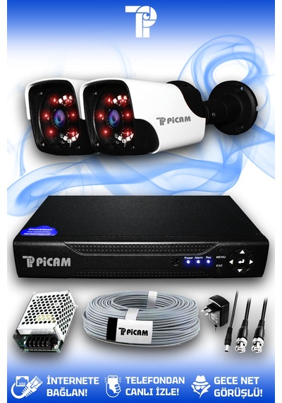 Picam 2 Kameralı Panda 2 Dış Kamera Set HDD'siz Full HD Gece Görüşlü Güvenlik Kamerası Sistemi