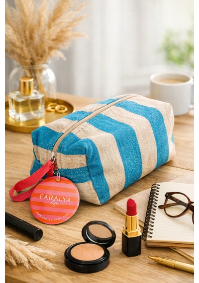 Faralyalife Çizgili Fermuarlı Taşıma Kulplu Makyaj Çantası 20x20 Cm %70 Pamuk %30 Polyester Kozmetik Kadın Makyaj Çantası