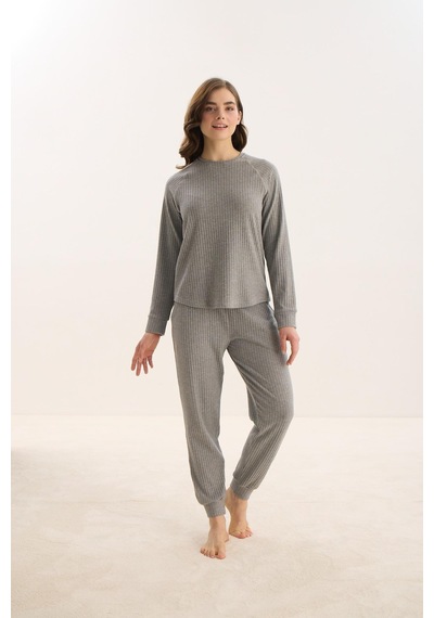 Sevim Kadın Uzun Kol Gri Mlelanj Pijama Takım C3t7n0o61 001