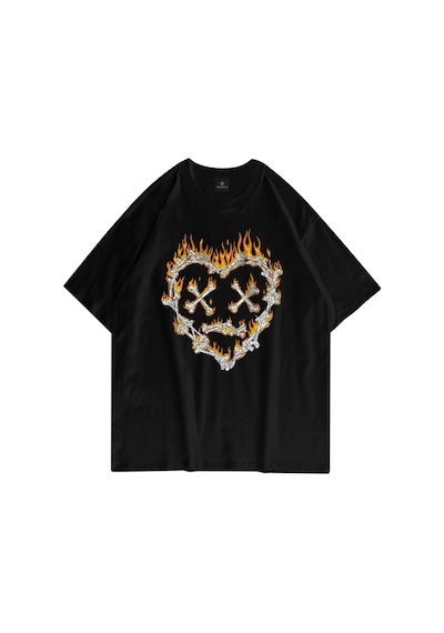 Startmore Unisex Kemik Kalp Beyaz Tshirt Siyah
