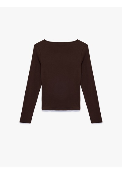 Koton Pamuklu Slim Fit Uzun Kollu Yuvarlak Kayık Yaka Tişört Kahverengi 6sal10226ık Kahve