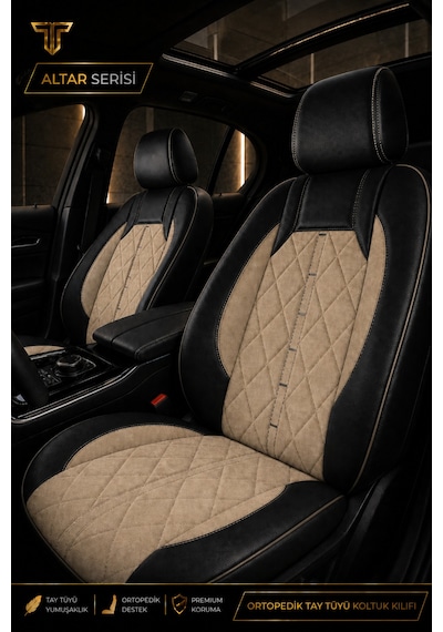 Fiat Egea Sedan 2014+ Uyumlu Altar Serisi Tay Tüyü Bej Siyah Premium Koltuk Kılıfı