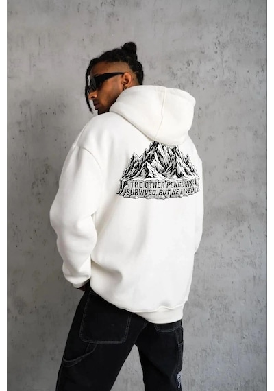 Erkek Nihilist Penguen Baskılı 3 İplik Pamuklu Kapüşonlu Sweatshirt Hoodie Beyaz