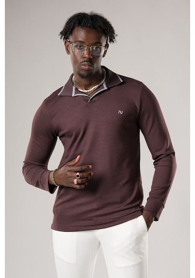 Advante Slimfit Düğmesiz V Polo Yaka Likralı Uzun Kol Mevsimlik Sweatshirt Koyu Kahverengi