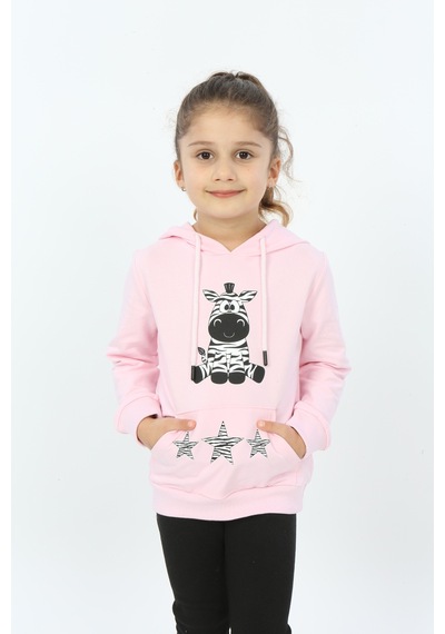 Toontoy Kız Çocuk Yıldızlı Zebra Baskılı Kapüşonlu Sweatshirt Pembe