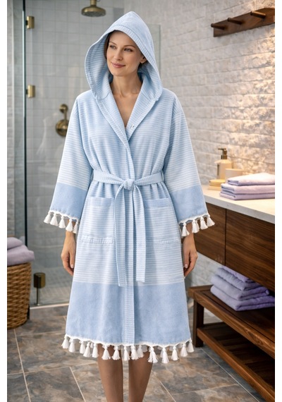 %100 Pamuk Dokuma Kapüşonlu Cepli Unisex Peştemal Pike Bornoz Ultra Yumuşak M/l/xl Beden Lacivert