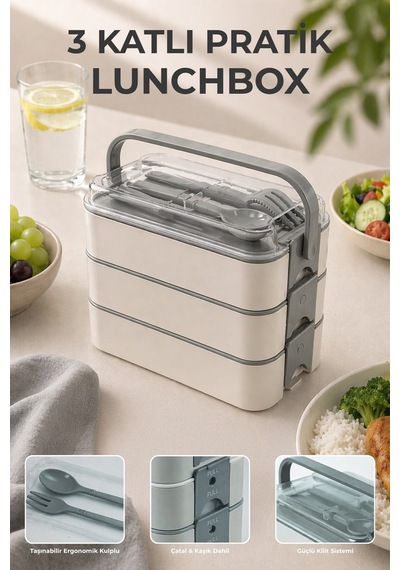 3 Katlı Bölmeli Lunchbox - Kilitli - Taşıma Saplı - Kaşık & Çatal Dahil G-770 Gri Gri