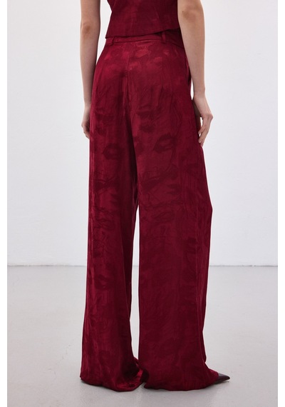 Sateen Jakarlı Bol Pantolon - Bordo-136819 Bordo