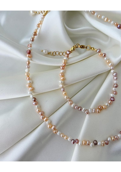 Minimal Renkli Gerçek İnci Set - Kolye & Bileklik Çok Renkli