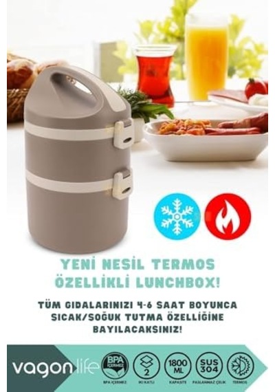 1800ml Lunchbox 2 Katlı 4-6 Saat Sıcak/soğuk Termos Özellikli Çelik Sefer Tası Yemek Kutusu Kahverengi Açık