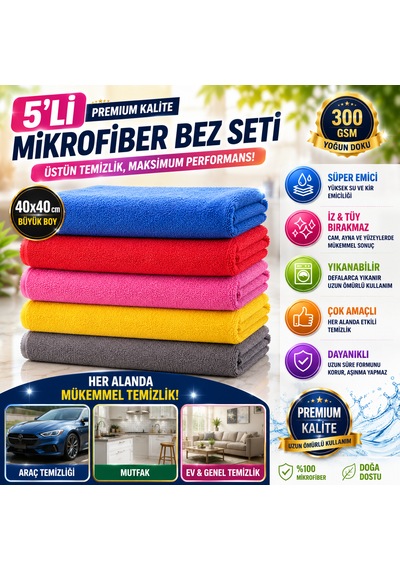 Misgibi Profesyonel Mikrofiber Temizlik Bezi 5 Adet Çok Amaçlı Ev - Araç Temizliği