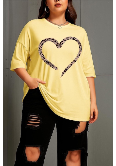 Love Kadın Büyük Beden Battal Baskılı Bisiklet Yaka Pamuklu T-shirt Rahat Kesim Unisex Sevgili Kombini Sarı