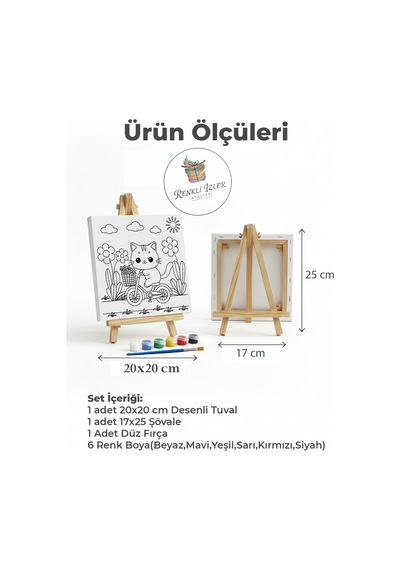 Çocuk Tuval Boyama Seti Bisikletli Kedicik Şövale Dahil
