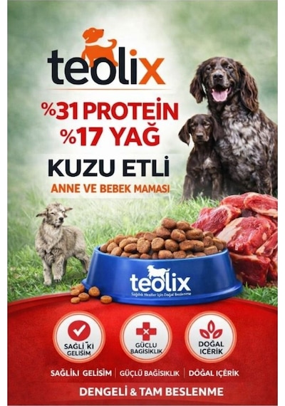 Teolix Kuzu Etli Anne Ve Yavru Köpek Maması %31 Protein %17 Yağ Dengeli & Tam Beslenme 15 Kg