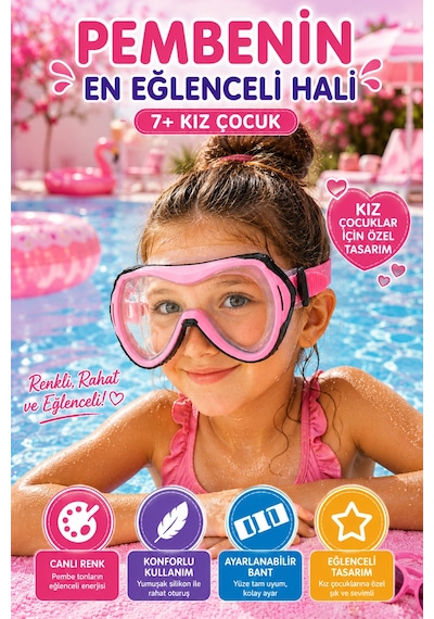 Pembe Çocuk Deniz Havuz Dalış Maskesi Tempered Cam Tek Silikon Ayarlı Yüzücü Maskesi 7+ Yaş