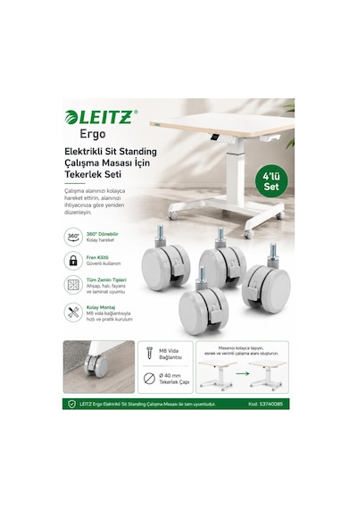 Leitz Ergo Elektrikli Sit Standing Çalışma Masası İçin Tekerlek Seti 4'lü - Gri 53740085 Çok Renkli