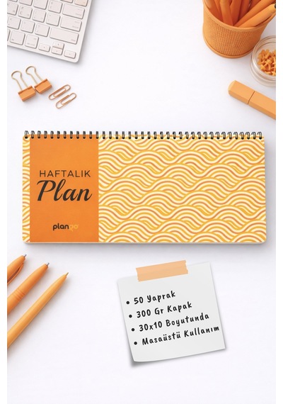 Tarihsiz Spiralli Haftalık Masaüstü Planlayıcı - Sarı Dalgalar - 10x30 Cm Plango Turkuaz