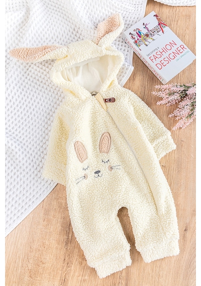 Babymod Tavşan Figürlü Kapüşonlu Welsoft Peluş Kışlık Kız Bebek Tulum Krem