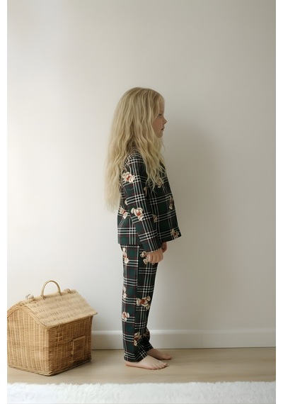 Esila Kids Çocuk Pijama Takımı Uzun Kollu Süet Örme Kumaş Yeşil