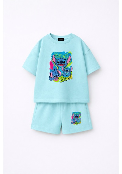 Fasardi Stitch Ön Arka Baskılı Oversize %100 Pamuk Tişört Şort Çocuk 2li Takım Bebek Mavi