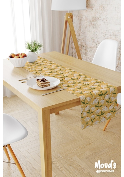 Camomile Papatya 2 Desenli Baskılı Süet Runner Masa Örtüsü