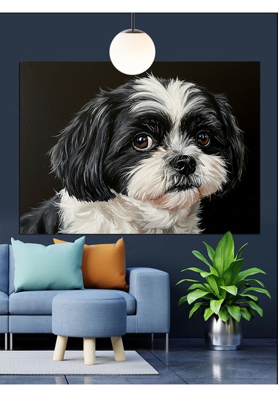 Shih Tzu Köpeği Siyah Beyaz Dekoratif Kanvas - Mdf Ahşap Tablo