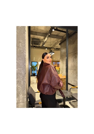 Mekabutik Bordo Kemer Detay Oversize Deri Ceket Bordo Bordo