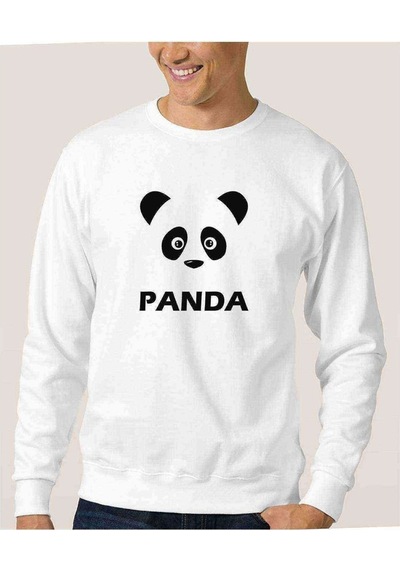 Panda Baskılı Beyaz Erkek Örme Sweatshirt (534635484)