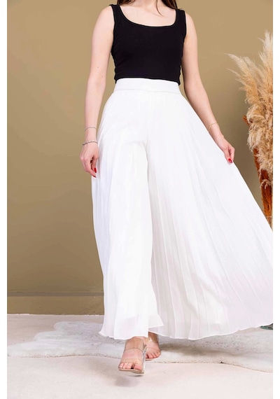 Lodmela Beli Lastikli Pliseli Şifon Pantolon 6030-beyaz Beyaz