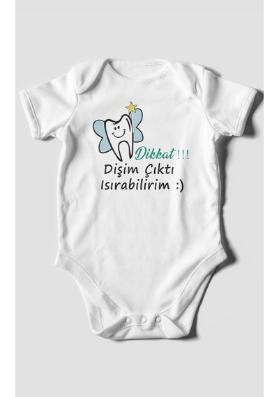 Dikkat Dişim Çıktı Isırabilirim Baskılı Bebek Zıbını Çıtçıtlı Body %100 Pamuk Kısa Kol Beyaz