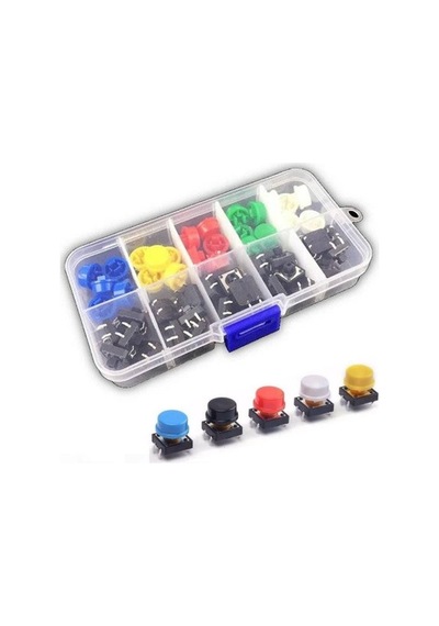 Devremarkt Kutulu 12x12mm 25 Adet Başlıklı Tact Buton Set 4 Pin 5 Renk Dokunmatik Anlık Basmalı Düğme