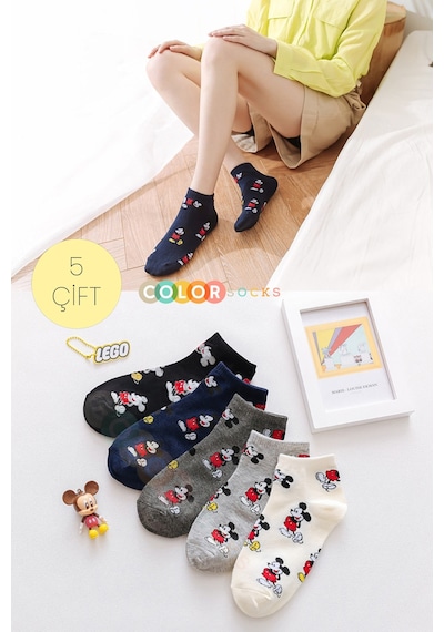 5 Çift Mickey Mouse Desenli Patik Kadın Çorap Çok Renkli