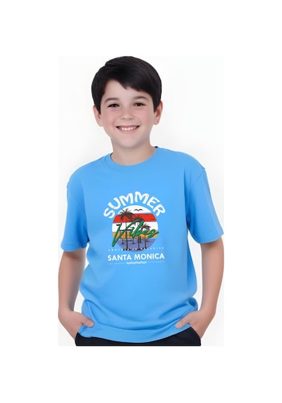 Panios Kids Summer Baskılı Erkek Çocuk Yuvarlak Yaka Kısa Kollu T-shirt Mavi