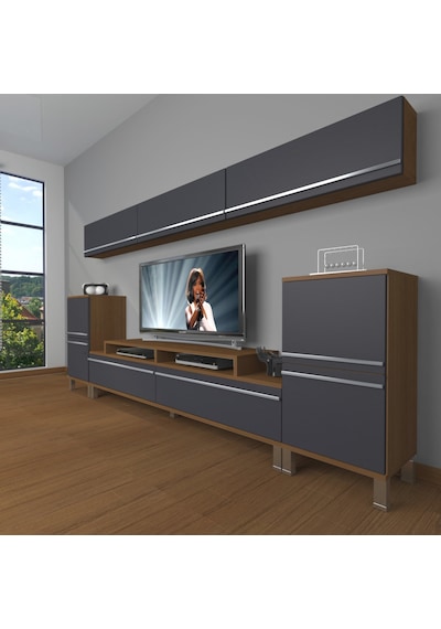 Decoraktiv Ekoflex 9 Mdf Krom Ayaklı Tv Ünitesi Tv Sehpası Ceviz - Antrasit