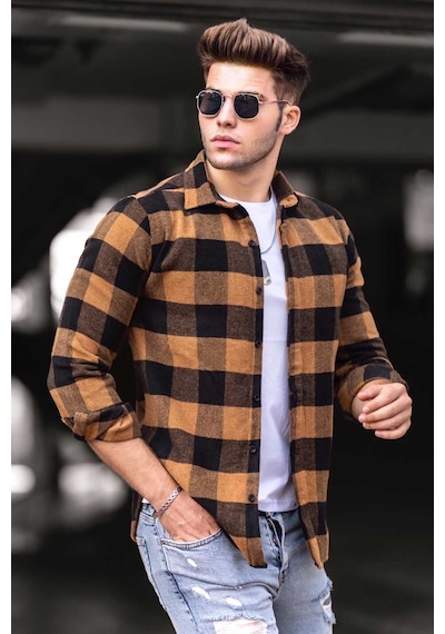 Madmext Madmext Ekoseli Camel Gömlek 4664 Camel