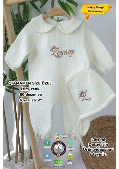 Gros Shop Müslin Yeni Doğan 4katlı Organik %100pamuk Kişiye Özgü Nakışlı Hastane Çıkış Seti Papatya-3 Ekru-2