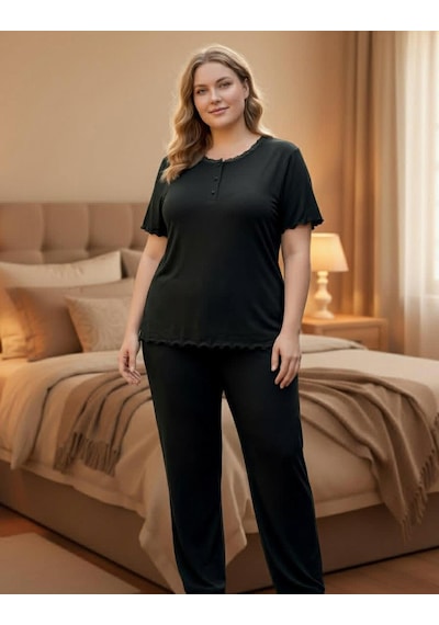 Derya Kadın Bambo Büyük Beden Düğme Yaka İnce Kısa Kol Pijama Takımı 7940 - 1 Adet Siyah