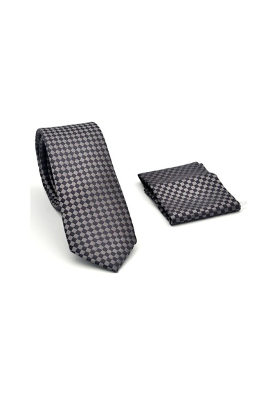 Gaffy Kahverengi Piti Kare Desenli Vizon Dokuma Kumaş Mendilli Slim Fit Kravat // Sdk-2503-3 Vizon
