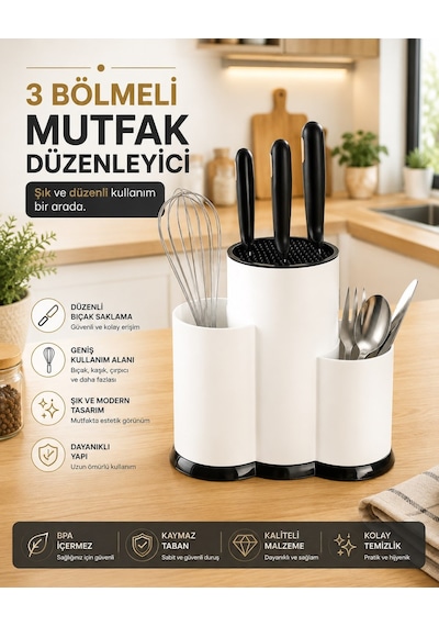 Sas Haus Tezgah Üstü Bölmeli Bıçaklık - Kaşık Kepçe Bıçak Standı Mutfak Düzenleyici Organizer Kaşıklık Beyaz S-10137